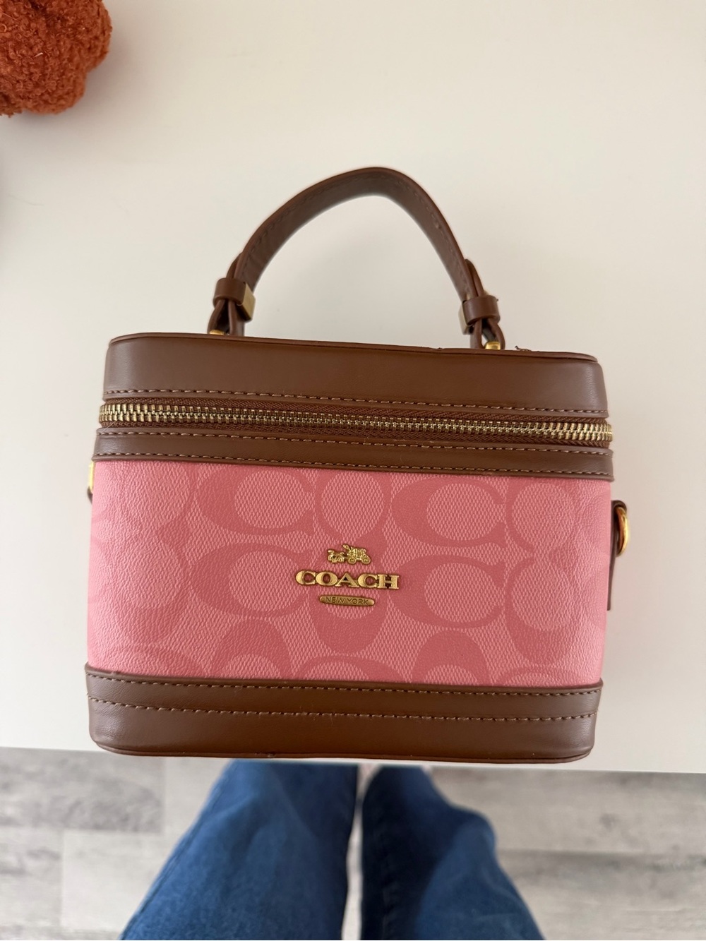 Coach Pink and Brown Signature Coated Canvas Mini Top-Handle Bag